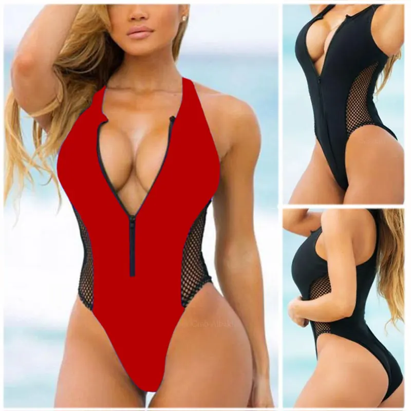 Sexy Swimsuit Women Solid Zipper Bodysuit Hollow Deep V One Piece Swimsuit Thong Mesh Swimwear