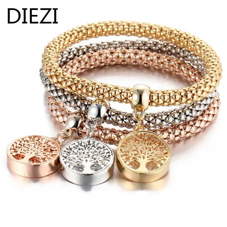 

DIEZI Vintage Designer Rhinestones Gold color Tree of Life Charm Bracelets Popcorn Chain Jewelry For Women 2018 New Fashion
