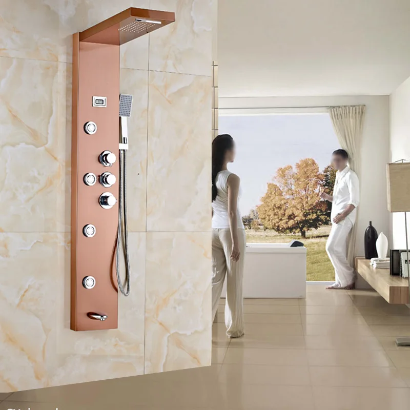 Rose Golden Waterfall Rain Thermostatic Mixers Shower Panel Shower Column Jets Tub Spout Shower Tap