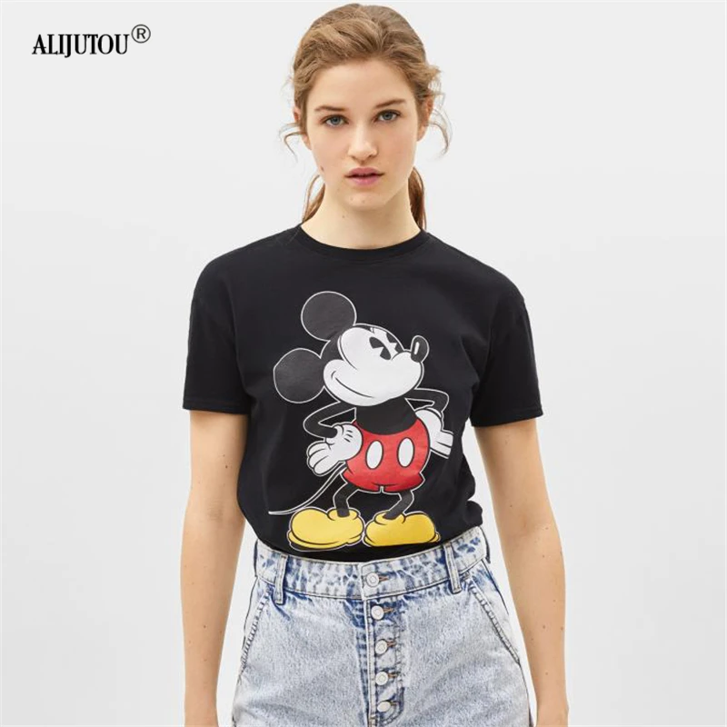 Mickey Mouse Print Short Sleeve T Shirt Women Zaraing Fashion Casual animal Black Crew Neck Tshirt Femme Graphic Tees Clothes
