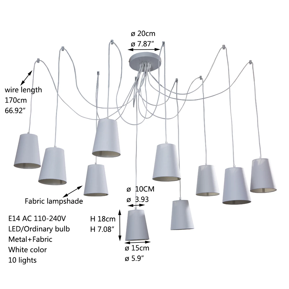 Современная мода большой паук плетеные люстры белые черные оттенки ткани / DIY 10 головок Кластеры подвесного потолочного освещения лампы
