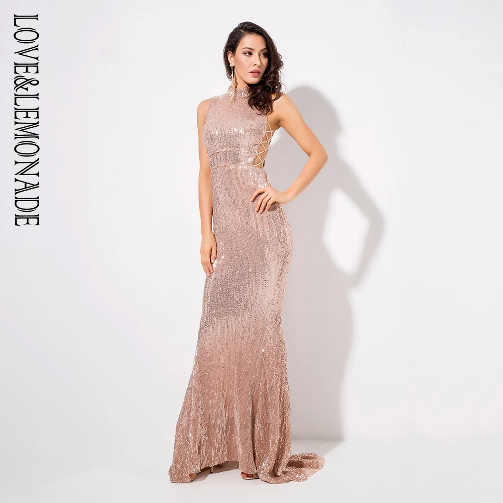 Love& Lemonade длинное платье с воротником цвета шампанского и вырезами по бокам, тонкое эластичное платье с блестками LM1152