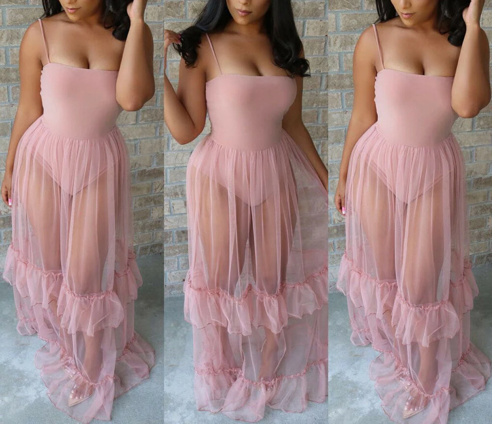 

Summer Sexy Women Bikini Cover Up See-through Mesh Sheer Maxi Dress Tulle Lace Ruffle Long Beach Dress Party Cocktail Suit