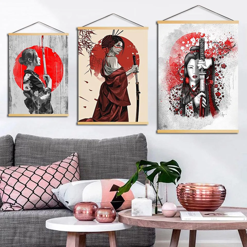 

Canvas Prints Solid Wood Hanging Scrolls Painting Modern Japanese Kendo Wall Artwork Woman Home Decoration Posters For Bedroom