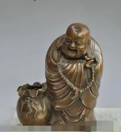 

S4659 8"china buddhism bronze happy laugh Maitreya Buddha statue brush pot pencil vase