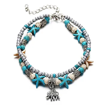 

LE SKY New Fashion Beach Jewelry Double Layer Elephant Pendant Beads Anklet Foot Chain Ankle Bracelet Jewelry For Women