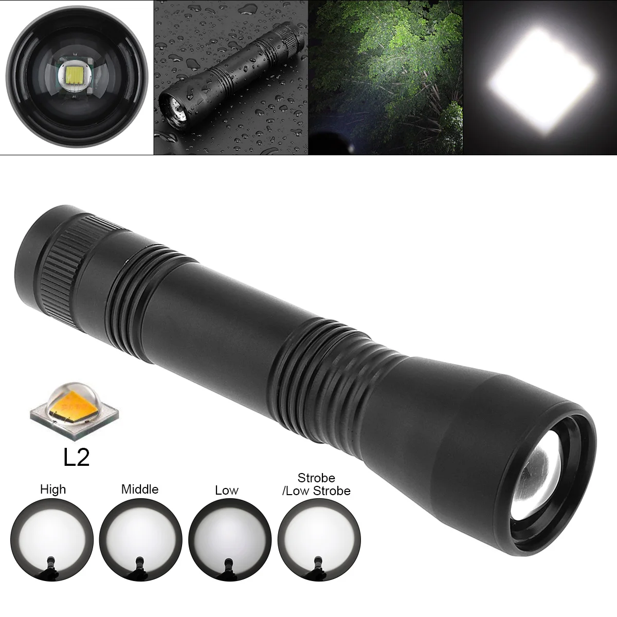 

SecurityIng CT1 Super Bright XML L2 LED 1600 Lumens Aluminum Alloy Flashlight Waterproof Zoomable Lights for Camping / Fishing