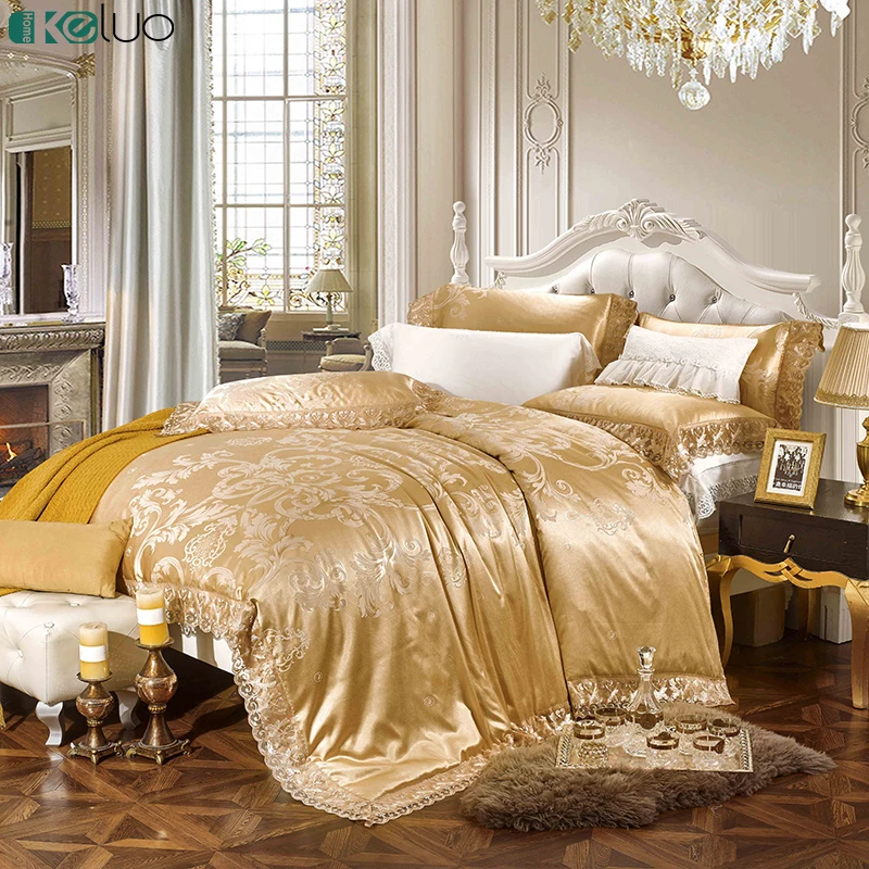 

KELUO Wedding Luxury Satin Jacquard Bedding sets Queen King size Duvet cover Bed sheet Pillow Sham Lace Golden