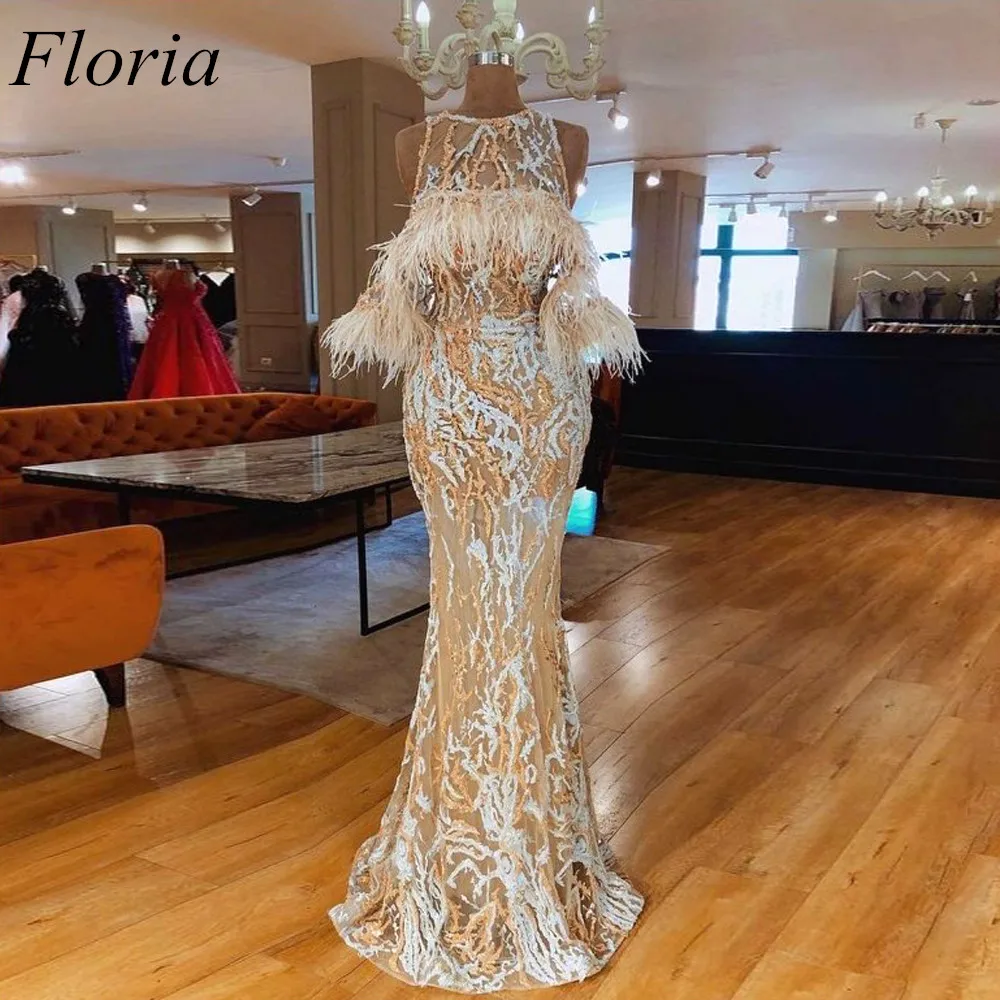 

Modest Feather Celebrity Dresses Mermaid 2019 O-Neck Sleeveless See Through Long Evening Red Carpet Runaway Gowns Custom