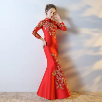

High Quality Embroidery Modern Cheongsam Red Sexy Qipao Long Traditional Chinese Dress Oriental Style Dresses Vestido De China