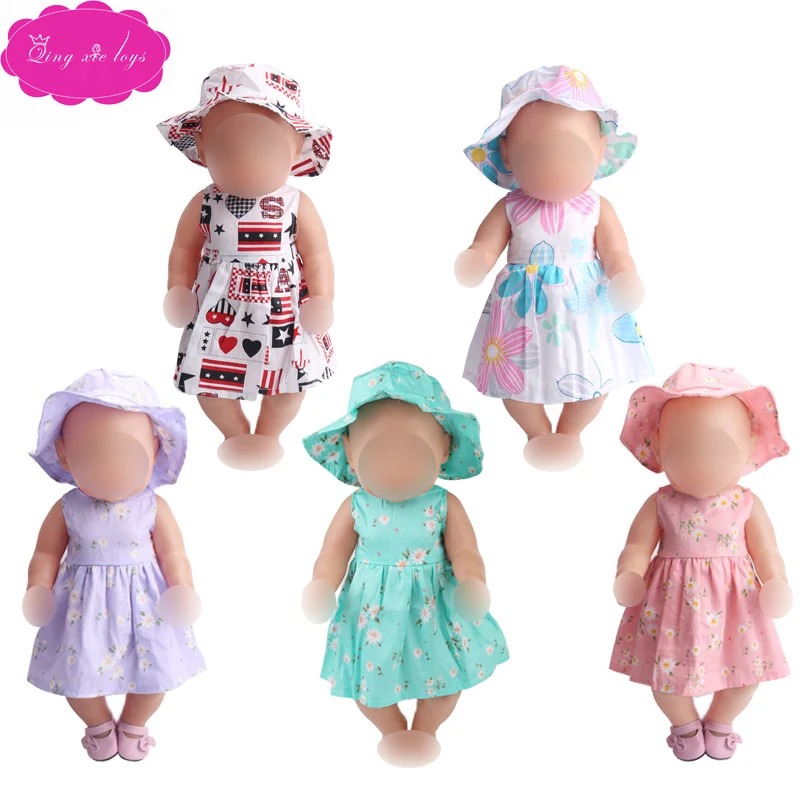 

Doll clothes print dress + hat 5 colors fit 43-cm baby dolls and 18 inch Girl dolls clothes accessories f216-f233