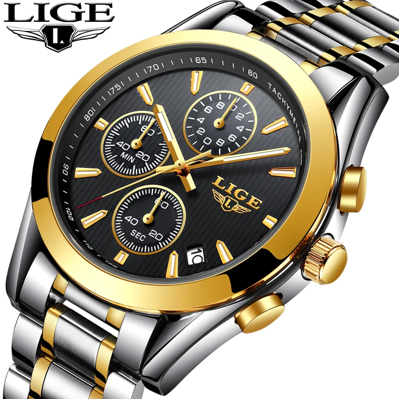 

LIGE Top Luxury Brand Men's Quartz Watch Waterproof Men Watches Dress Business Fashion Casual Full Steel Gold Black Male Clock