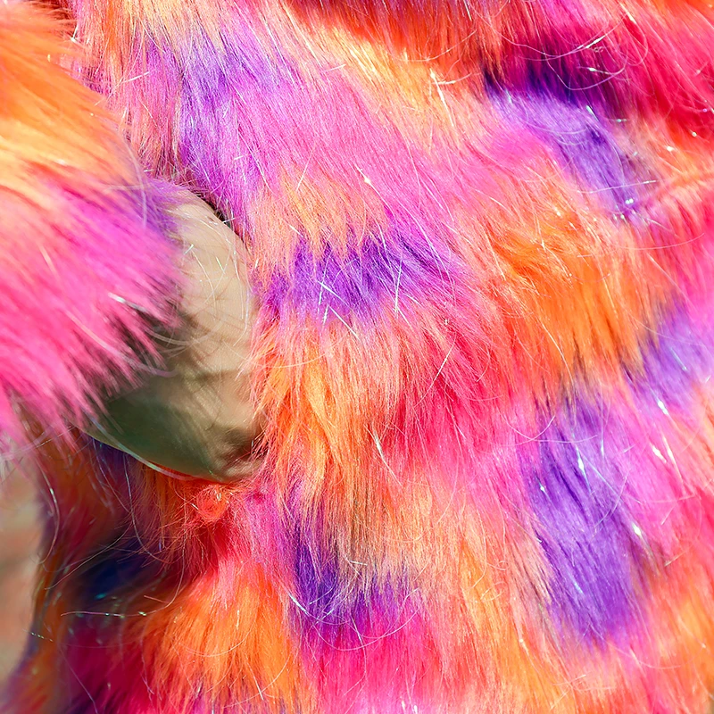 Разноцветное пальто с искусственным мехом радуги; сезон зима-Осень-зима; повседневные меховые куртки с длинными рукавами и круглым вырезом; женская теплая элегантная верхняя одежда; пальто; 3XL