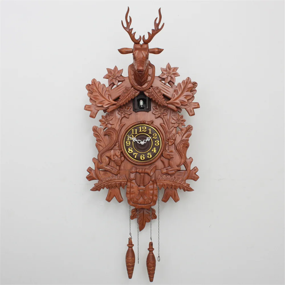 Голова оленя деревянные настенные часы с кукушкой кварцевые хронометраж часы Винтаж антикварные часы - Цвет: wood Arabic numerals