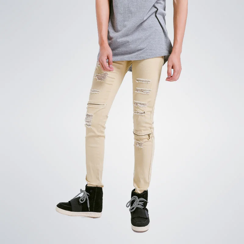 Moomphya New arrived Men Ripped holes pants knee zip slim fit skinny pants men Hip hop zipper pants