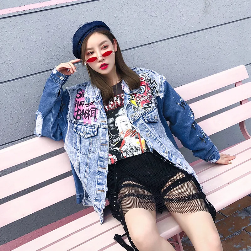 Punk Femmes Trous 2018 Veste Graffiti Denim Neige Jean De Araignée Manteau En Imprimé Streetwear Beau Lt688s50 Vintage w0xY7