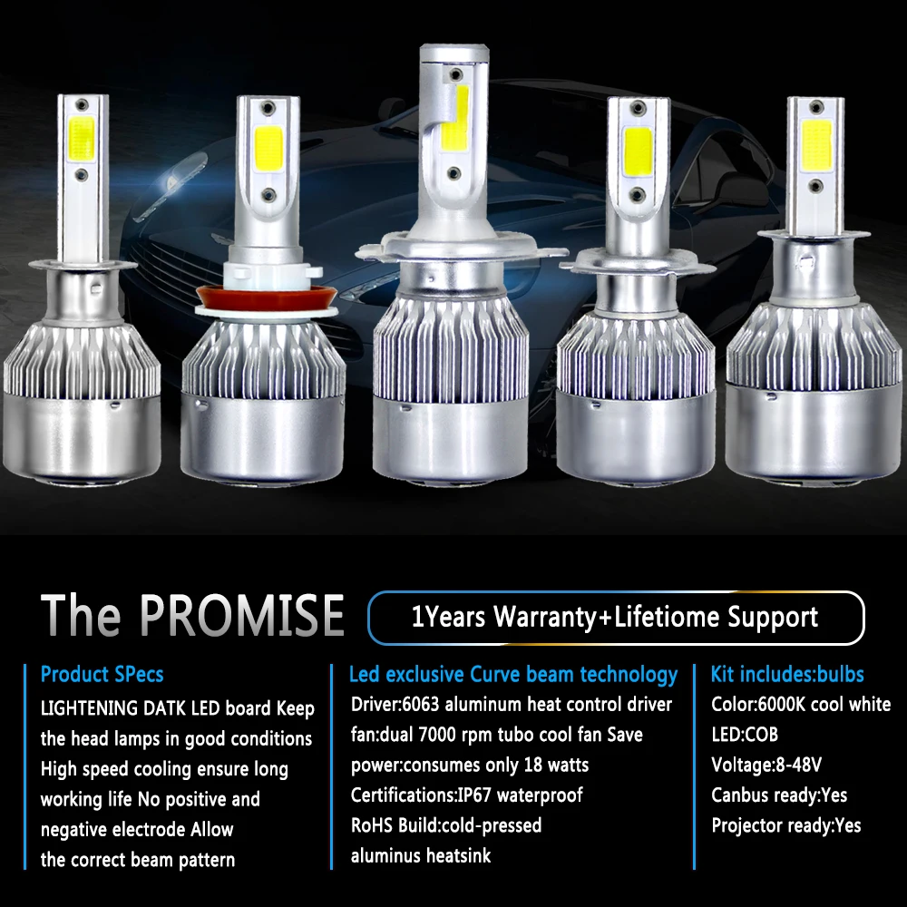 COOLFOX S2 C6 LED H4 H7 H1 H3 H11 H13 9004 9005 9006 9007 880 H27 Car Light Bulbs Auto Lamp 12V 6000k