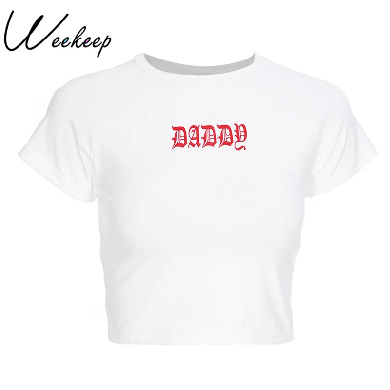 

Weekeep Slim Waist Letter Print Tees Women White Sexy Cropped Short Sleeve Cotton Daddy t-shirt Women Summer 2018 Casual tshirt