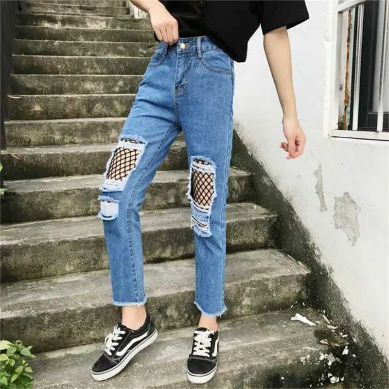 

Korean Summer New women fashion denim trousers female ankle-length broken jeans ladies casual mesh Hole beggar pants student