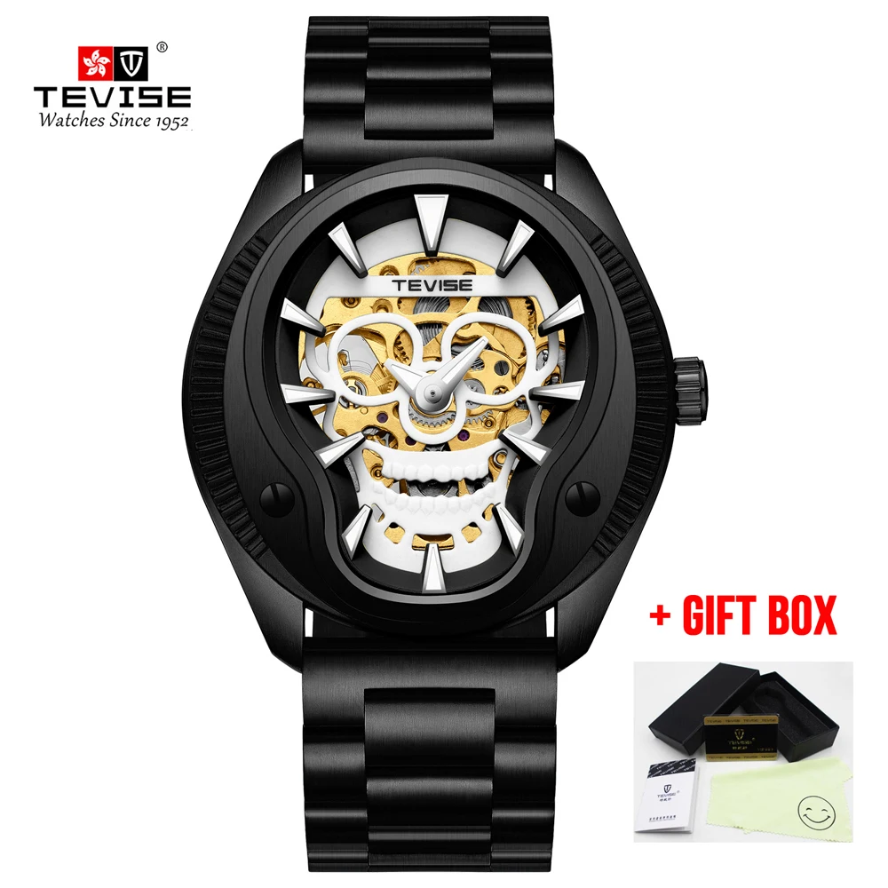 

Men Watch Tevise Business Casual Automatic Mechanical Watches Skull 3D Sculpture Watches Waterproof Gift Male Clock Wristwatches