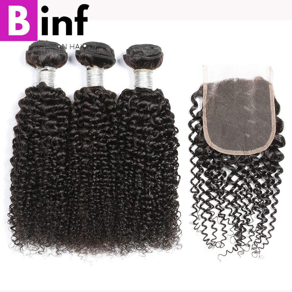 

BINF Brazilian Kinky Curly Weave 100% Human Hair Bundles with Lace Closure Non Remy Hair 3 Bundles With Closure Natural Color