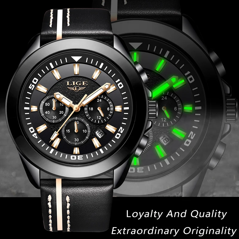 

LIGE Mens Watches Top Brand Luxury Military Sport Watch Men Leather Waterproof Quartz Wrist Watch Male clock Relogio Masculino