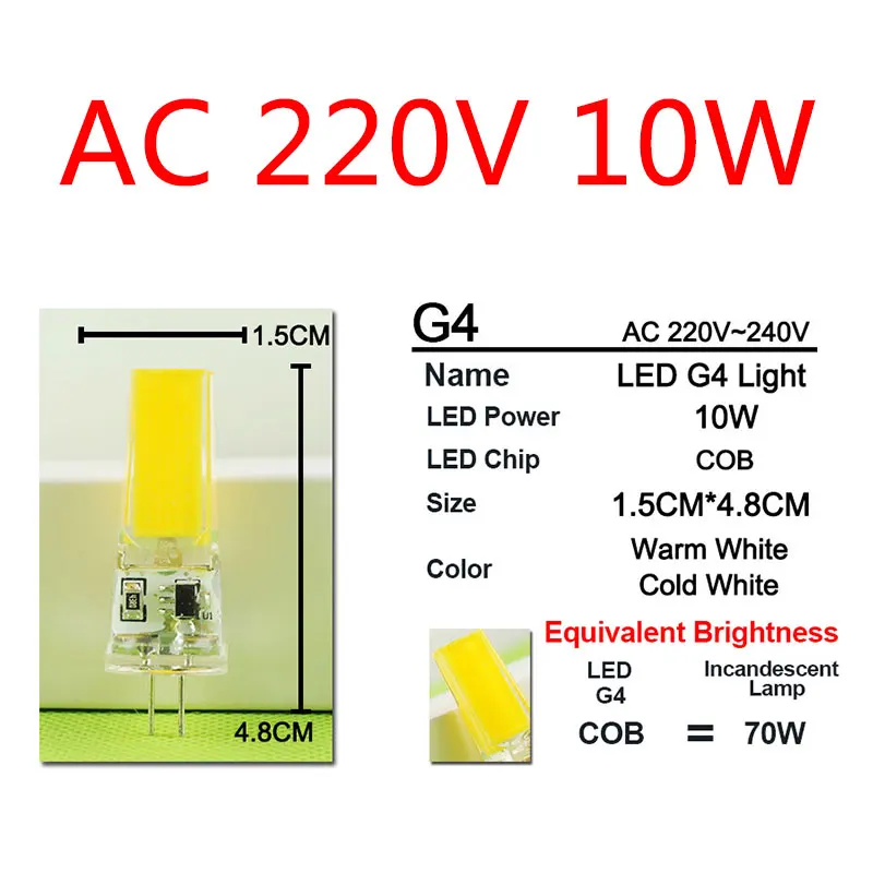 Затемняемый 12 В/220 В мини G4 светодиодный светильник COB светодиодный светильник 4 Вт 6 Вт 10 Вт AC DC светодиодный G4 люстра заменить галогенный светильник Лампада Bombilla ампула - Испускаемый цвет: 220V 10W COB