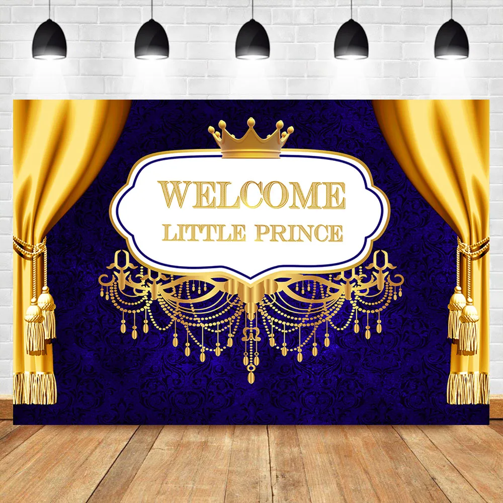 

NeoBack Royal Baby Shower Photography Background Welcome Little Prince Luxury Sapphire Blue Booth Backdrop Photo Studio