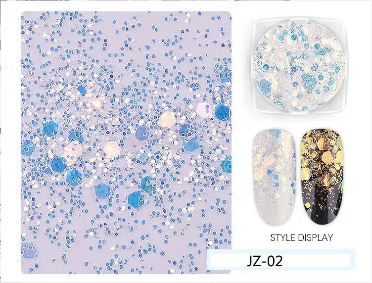 1 коробка Аврора рассвет ногтей блестки ультра-тонкий русалка шестиугольник хлопья ломтик смешанные блестки порошки 3D сверкающие украшения ногтей - Цвет: JZ-02