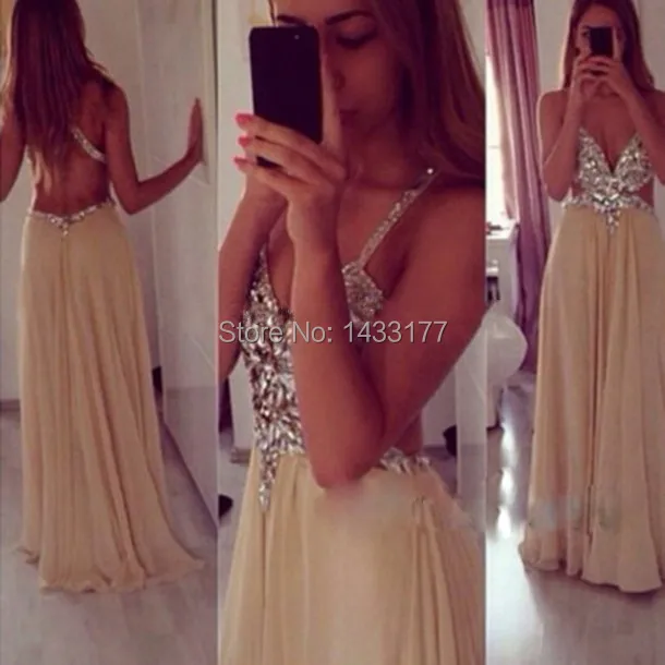

Deep V neck Opening Back Sexy Prom Dress 2015 vestidos A line Khaki Chiffon Floor Length Formal Dress Evening Gowns