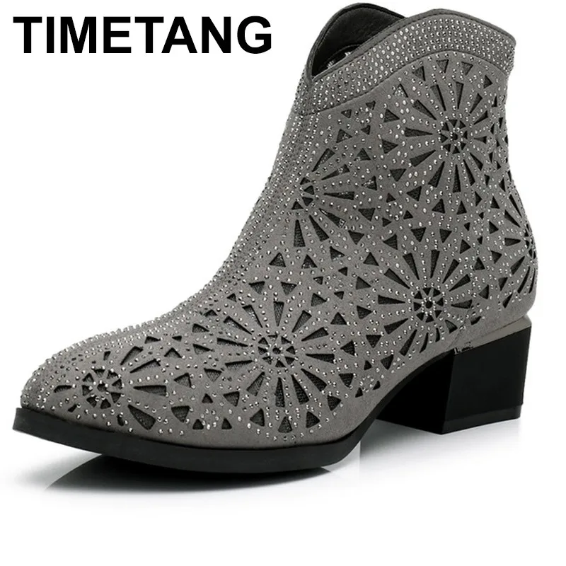 

TIMETANG Crystal Women Boots Hollow-Out Ankle Boots Mesh Summer Boots Zapatos Chaussures Femme Square High Heel Women Shoes