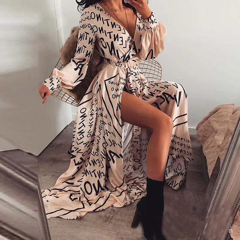 

Long Sleeve Letter Print Summer Bohemian Beach Dress Sexy Slit V Neck Party Night Maxi Women Dresses Vestidos Verano 2019
