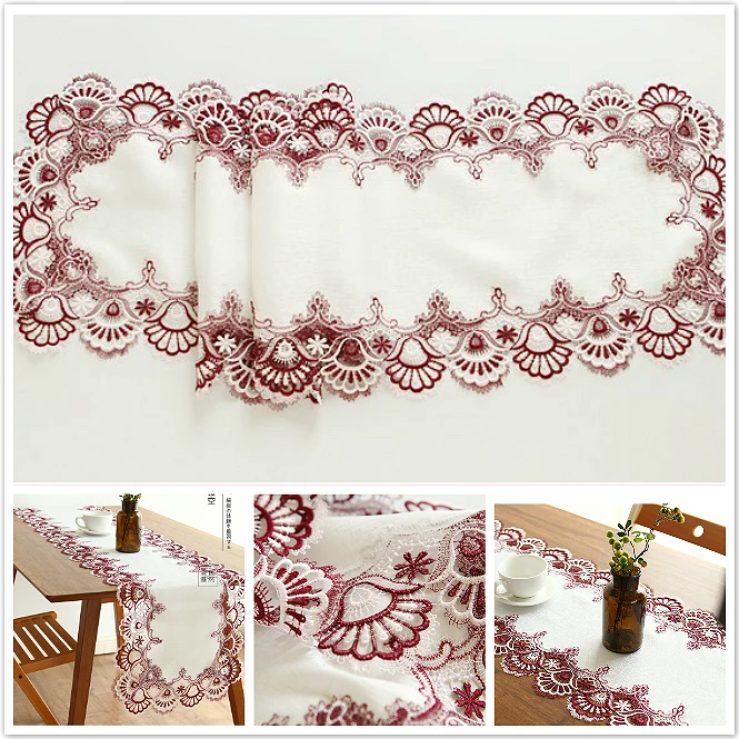 

European Simple Pastoral Water Soluble Lace Embroidered Table Runner Mats Flag Cloth Fabric Hollow Coffee Placemat Christmas Pad