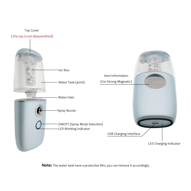 

Mini Skin Beauty Care Tool Rechargeable Nano Mister Facial Sprayer 40ml Cooling Mist Face Steamer Machine with Magnet Sucker