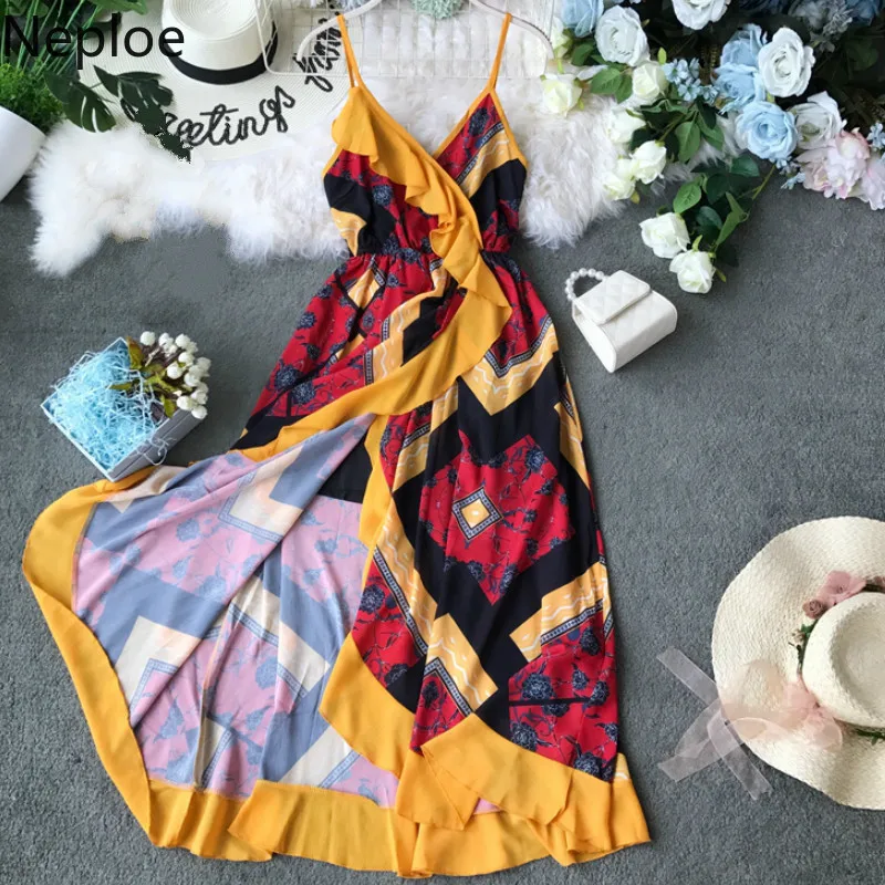 

Neploe Bohemian Beach Dress Women Summer 2019 New Floral V-Neck Sleeveless Vestidos Sexy Ruffles Backless High Waist Robe 44180