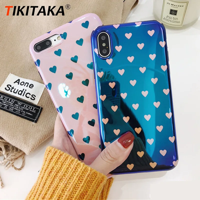 

Cute Love Heart Mirror Case For iPhone 6 Plus Coque Pink Blue Ray Funda Soft Smooth Cover Case For iPhone X 6 Plus 7 8 7 Plus