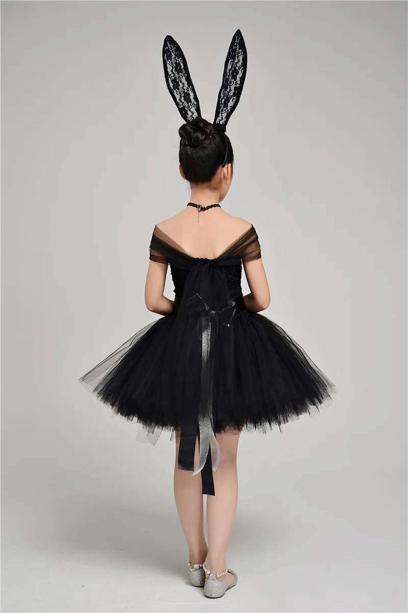 Шикарная мечта, 4 предмета, платье повязка на голову, ожерелье, перчатка, черное платье принцессы с юбкой-пачкой со шлейфом, черные вечерние платья из тюля для девочек на Хэллоуин