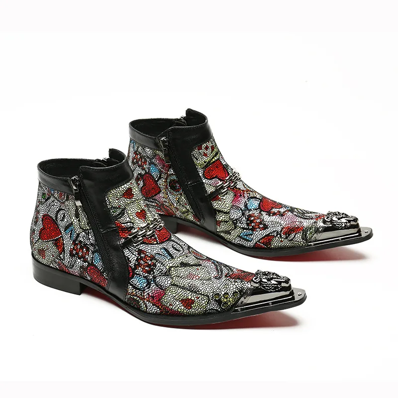 

European and American Leather Men's Ankle Boots Metal Pointed Zipper Dress Business Evening Wedding Shoes Model Catwalk Shoes