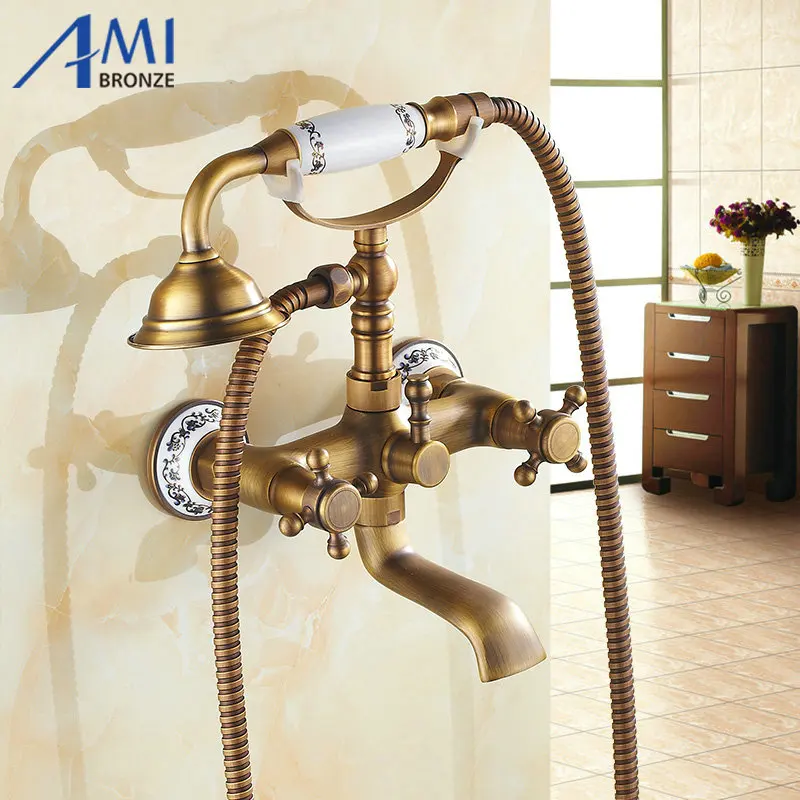 2 Way Wall Mounted Antique Brush Brass Bathtub Faucets Bathroom Basin Mixer Tap With Hand Shower Head Bath & Shower Faucet