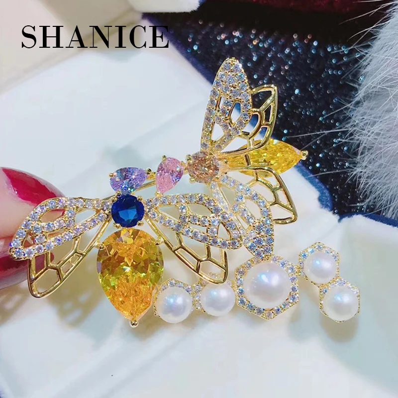 

SHANICE luxurious Colorful Bee Full Crystal Cubic Zirconia Brooches Trendy Plant pearl brooch Big pins Hyperbole Ethnic gift