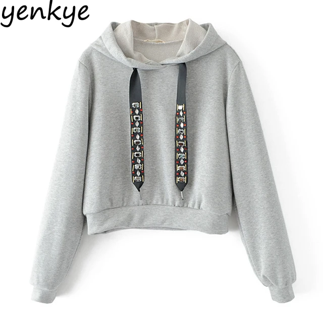 Autumn Women Casual Cropped Sweatshirt Jewel Appliques