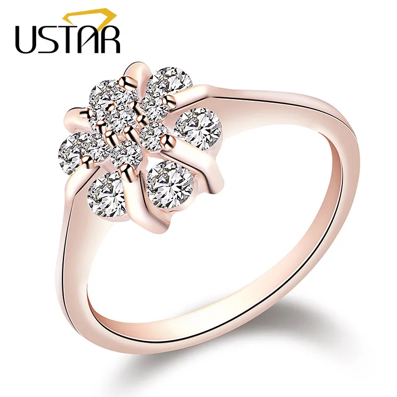 USTAR Flower Zircon wedding Rings for women jewelry Austria Crystals Rose Gold color engagement Rings Female Anel bijoux gift
