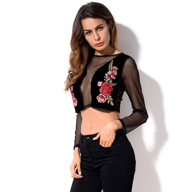 RIISDA Flower Embroidery Long Sleeve Crop Top 2018 Summer Blouses Women Fashion Trends Women Sexy Mesh Patchwork Velvet Blouse  (5)