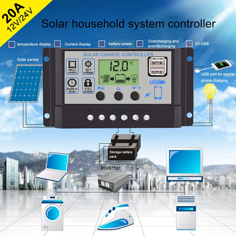 

Solar Charge Controller DIY Dual USB LCD Display PWM 12V 24V 20A Inverters Solar Panel Charger Battery Charging