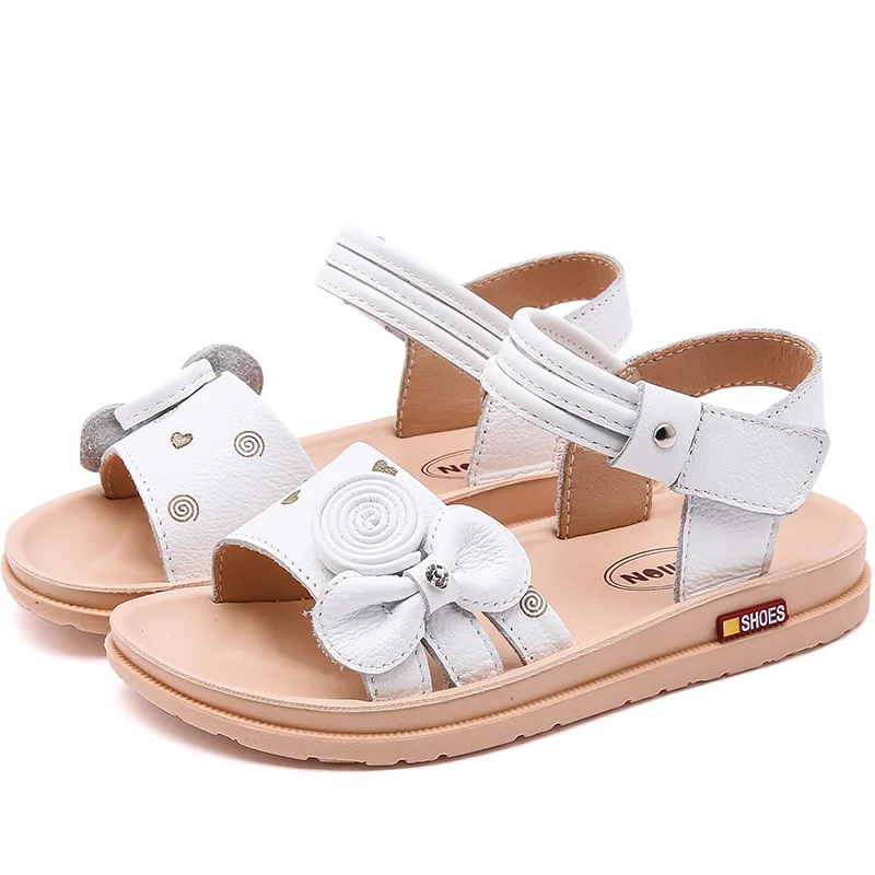Лето новые детские сандалии для принцесс лук натуральная кожа обувь для маленьких девочек Белые пляжные сандалии со стразами Брендовая обувь - Цвет: Белый