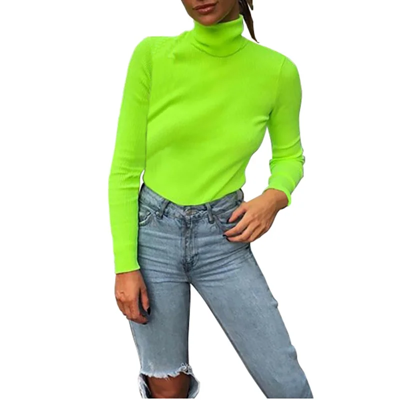 Women Fashion Autumn Winter Fluorescent Green Sweater Long sleeve Turtleneck Pullover Sweater 