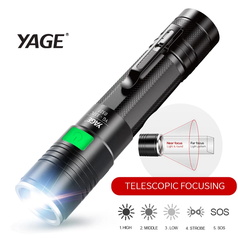 

YAGE YG-337C T6 2000LM Aluminum Zoomable 5-Modes CREE LED USB Clip Flashlight Torch Light for 18650 Rechargeable Battery or AAA