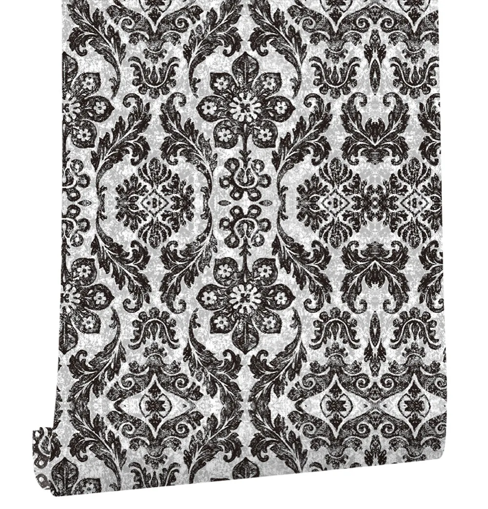Haokhome Vintage Damask Peel and Stick Wallpaper Black/Mushroom Self
