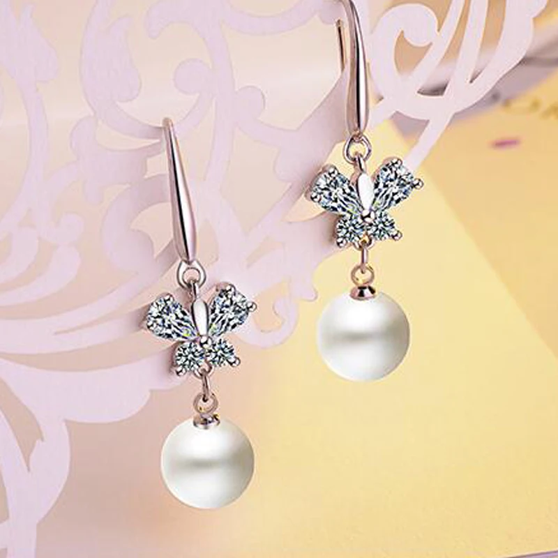 pearls dangle earrings cz zircon silver jewelry (6)