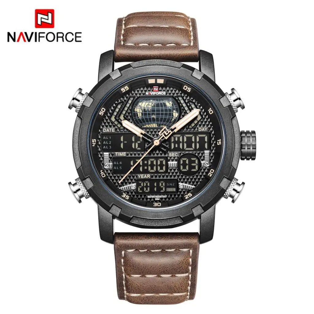 Naviforce Heren Horloges Topmerk Luxe Sport Horloge Mannen Lederen Band 30M Waterdichte Miliaire Dual Display Polshorloge Klok 2023